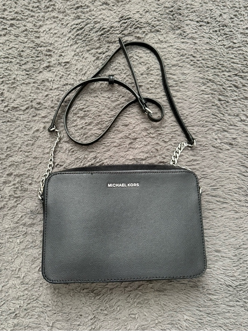MICHAEL KORS Black Saffiano Crossbody with Silver Chain